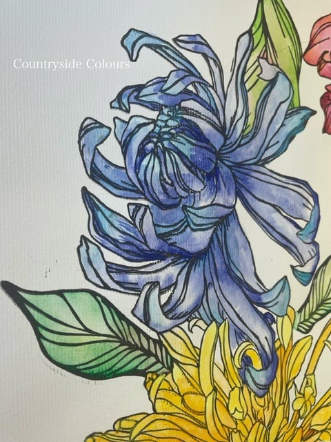 IOD Decor Stempel Chrysanthemums auf Aquarellpapier erhältlich bei Countryside Colours