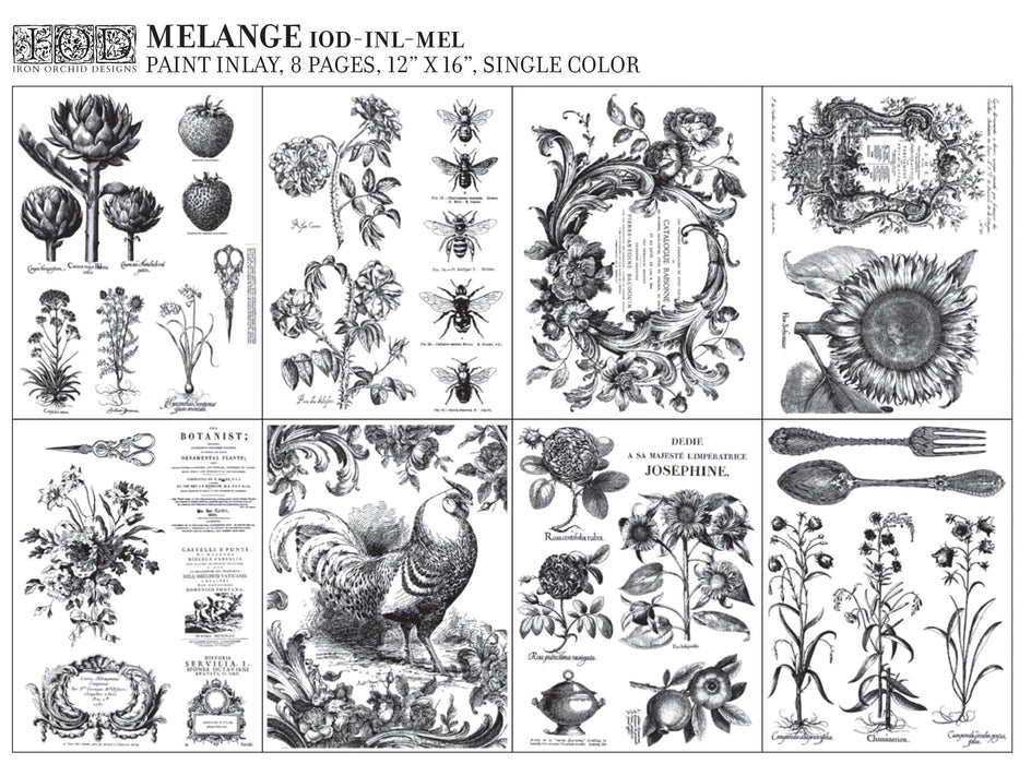 IOD Decor Paint Inlay Melange Übersicht aller 8 Motivblätter