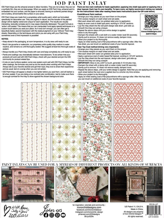 IOD Paint Inlay Lattice Rose Verpackungsrückseite erhältlich bei Countryside Colours