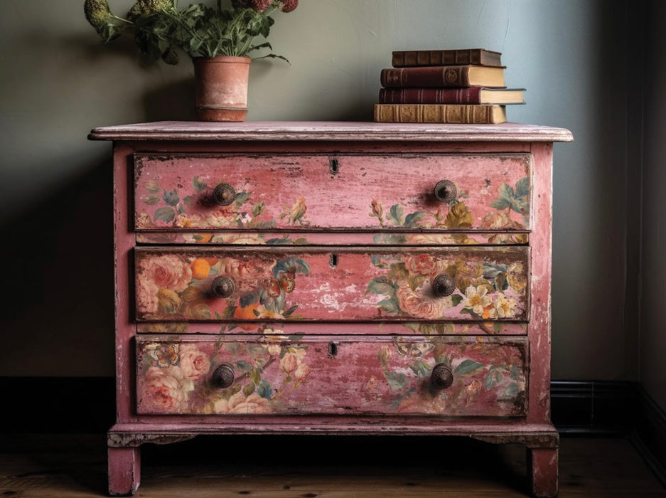 IOD Decor Transfer Joie Des Roses erhältlich bei Countryside Colours auf rosa Schubladenkommode 