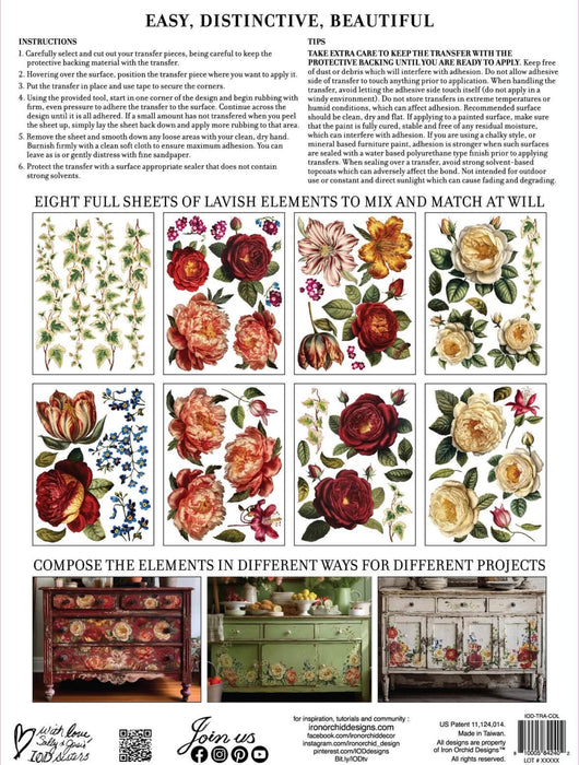 IOD Decor Transfer Collage De Fleurs Verpackungsrückseite erhältlich bei Countryside Colours