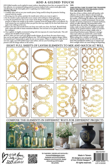 IOD Gilded Transfer Petits Ornements Verpackungsrückseite erhältlich bei Countryside Colours 