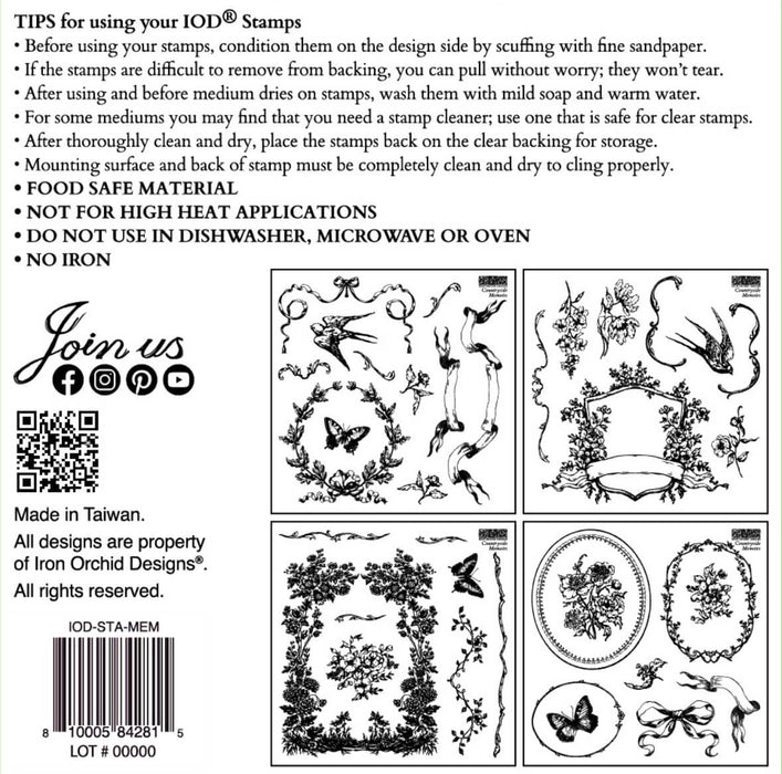 IOD Decor Stempel Countryside Memoires Verpackungsrückseite erhältlich bei Countryside Colours 