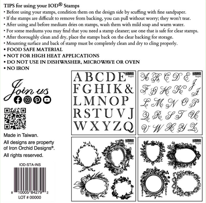 IOD Decor Stempel Insignia Verpackungsrückseite erhältlich bei Countryside Colours 