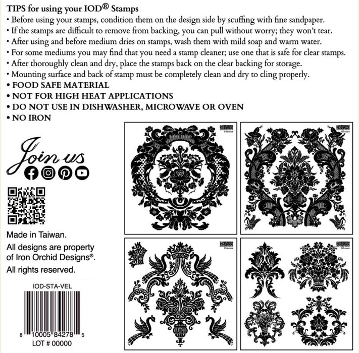 IOD Decor Stempel Velveteen Verpackungsrückseite erhältlich bei Countryside Colours