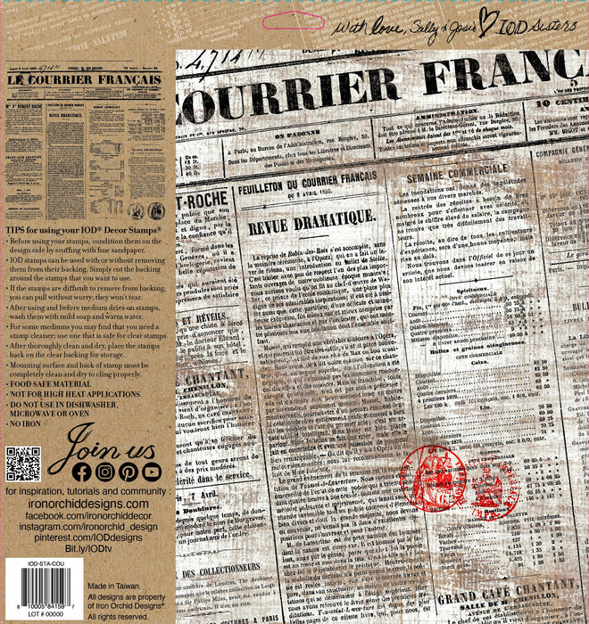 IOD Decor Stempel Le Courrier Verpackungsrückseite erhältlich bei Countryside Colours