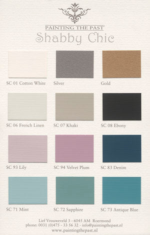 Denim Kreidefarbe von Painting The Past hier in Farbkombination mit den Farben der Shabby Chic Farbkarte erhältlich bei Countryside Colours