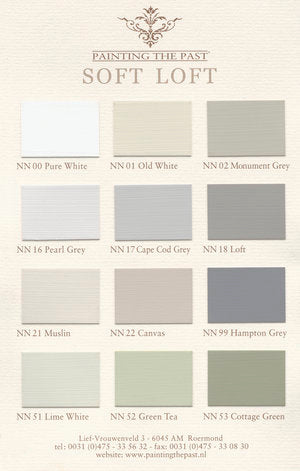 Cape Cod Grey Kreidefarbe von Painting The Past hier in Farbkombination mit den Farben der Soft Loft Farbkarte erhältlich bei Countryside Colours