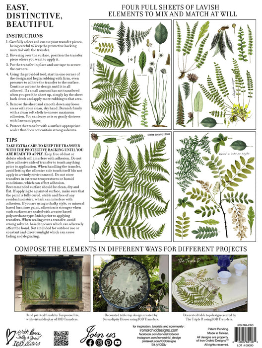 IOD Decor Transfer Fronds Botanical Verpackungsrückseite erhältlich bei Countryside Colours