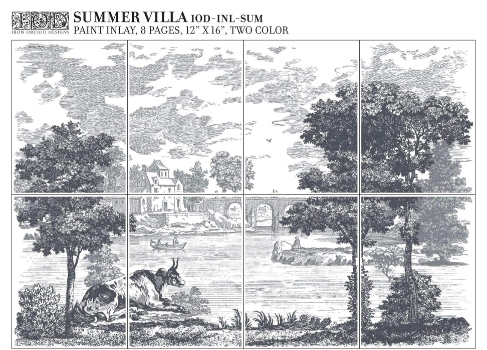 Übersicht der einzelnen 8 Blätter des IOD Decor Paint Inlay Summer Villa